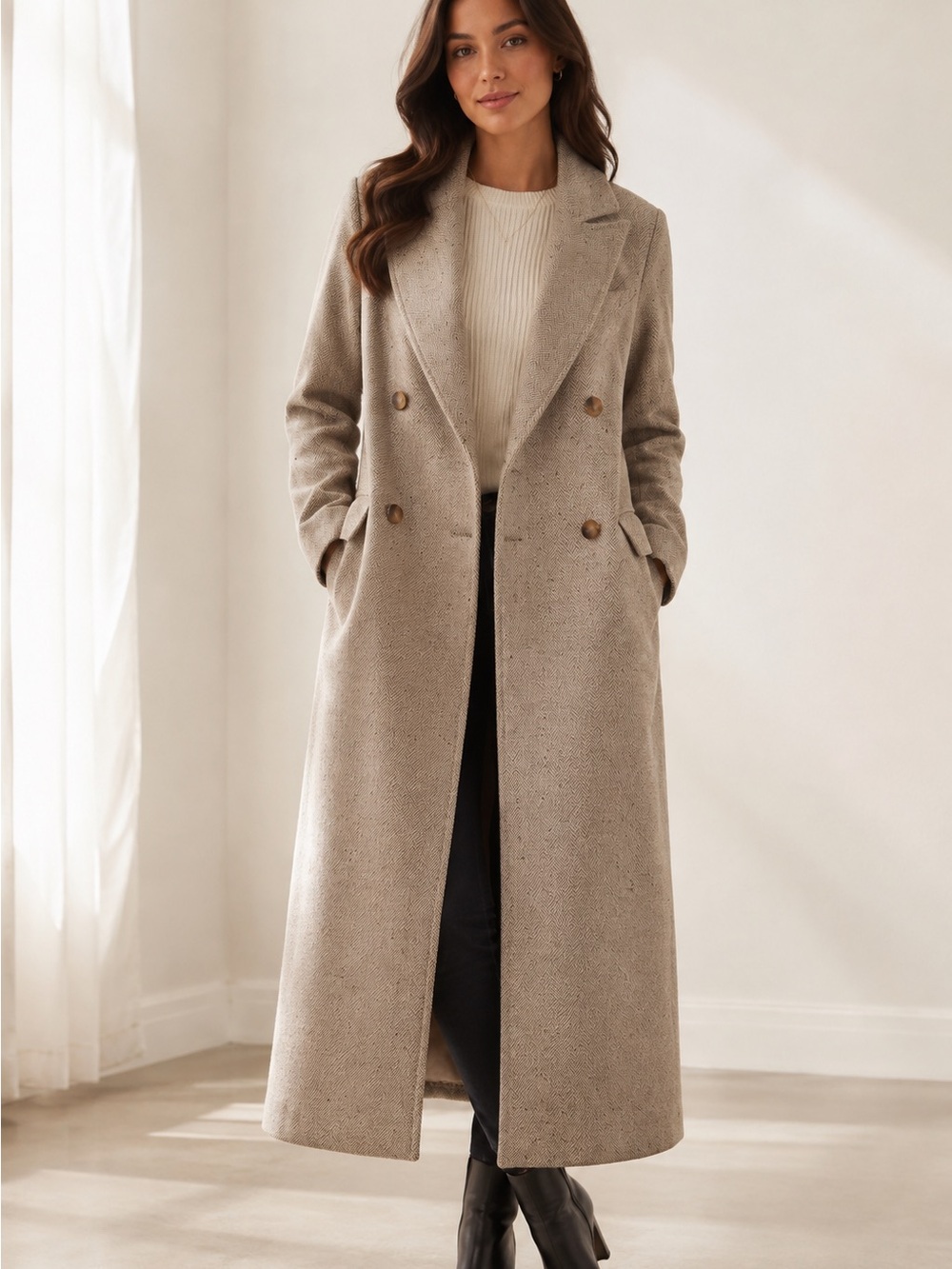 Topshop Beige Herringbone Double Breasted Long Coat